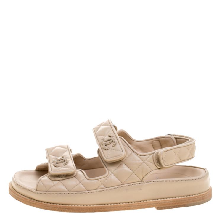 Chanel Beige Quilted Leather CC Velcro Flat Sandals Size  Chanel | TLC