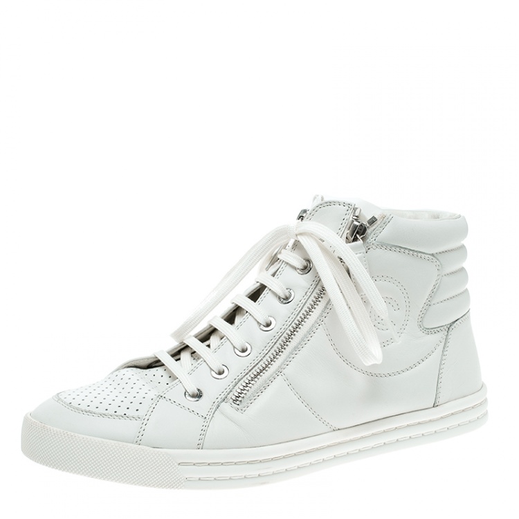 Chanel White Leather CC High Top Sneakers Size 39.5 Chanel | The Luxury  Closet