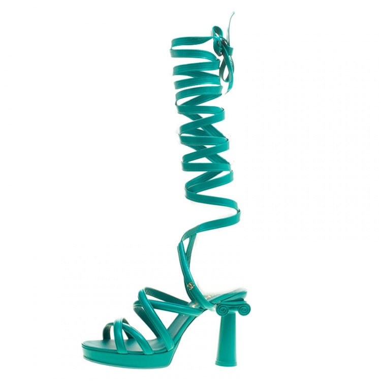 Chanel Turquoise Strappy Leather Gladiator Platform Sandals Size 39 Chanel  | TLC
