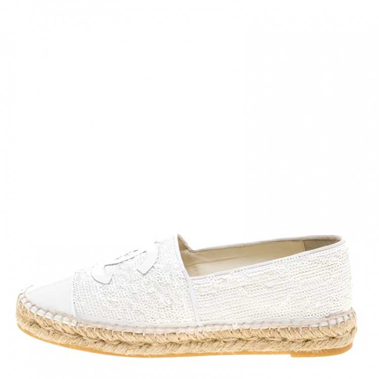 Chanel White Sequins and Patent Leather CC Espadrilles Size 37 Chanel