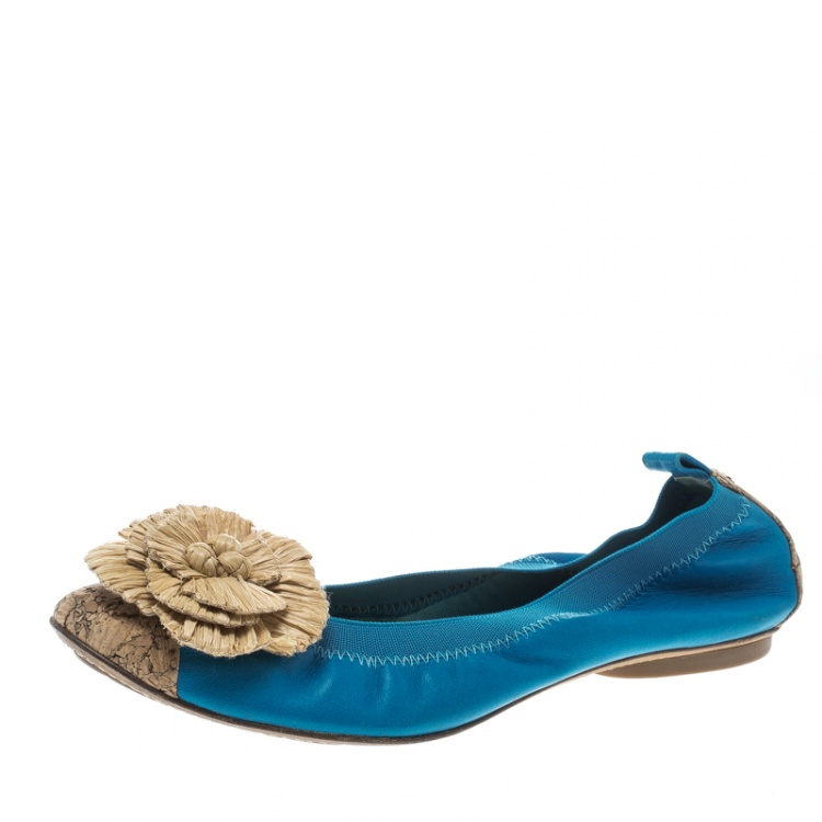 Chanel Turquoise Leather Cork Cap Toe and Raffia Camelia Ballet Flats Size  40.5 Chanel | The Luxury Closet