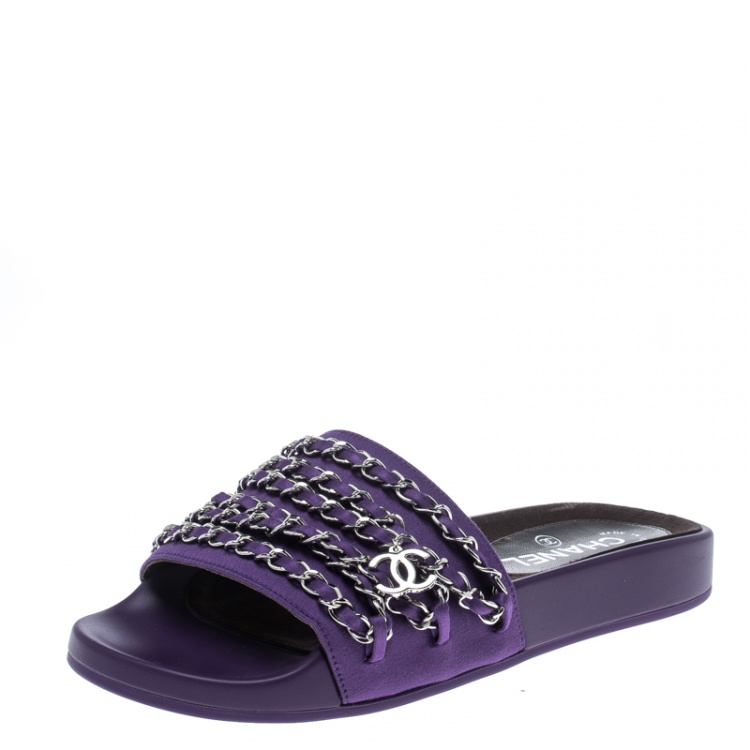 Chanel Purple Fabric Tropiconic Chain Detail Slides Size 37 Chanel | TLC