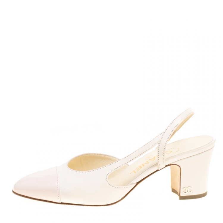 Chanel Blush Pink/Off White Leather Block Heel Slingback Sandals Size   Chanel | TLC