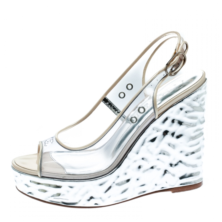 Chanel PVC and Metallic Silver Leather Platform Wedges Size 5.5/36