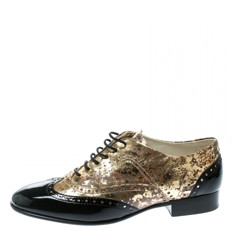 Chanel Metallic Gold And Black Patent Brogue Leather Lace-Up