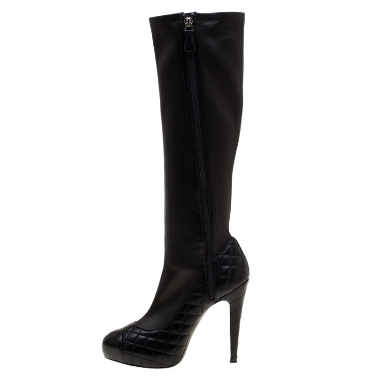 Chanel Black Quilted Leather CC Cap Toe Knee High Boots Size 39 Chanel | TLC