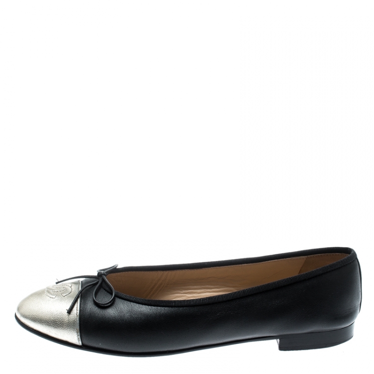Chanel Black Leather With Metallic Silver CC Cap Toe Bow Ballet