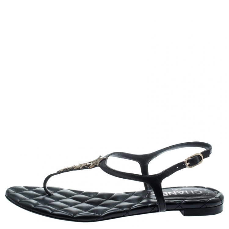 Chanel Black Leather Star Embellished Ankle Strap Flat Thong Sandals Size  37.5 Chanel