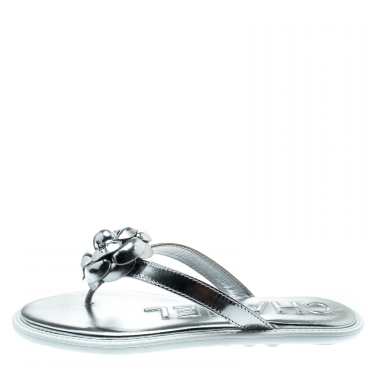 Chanel Metallic Silver Leather CC Camellia Flat Flip Flop Thong Sandals  Size  Chanel | TLC