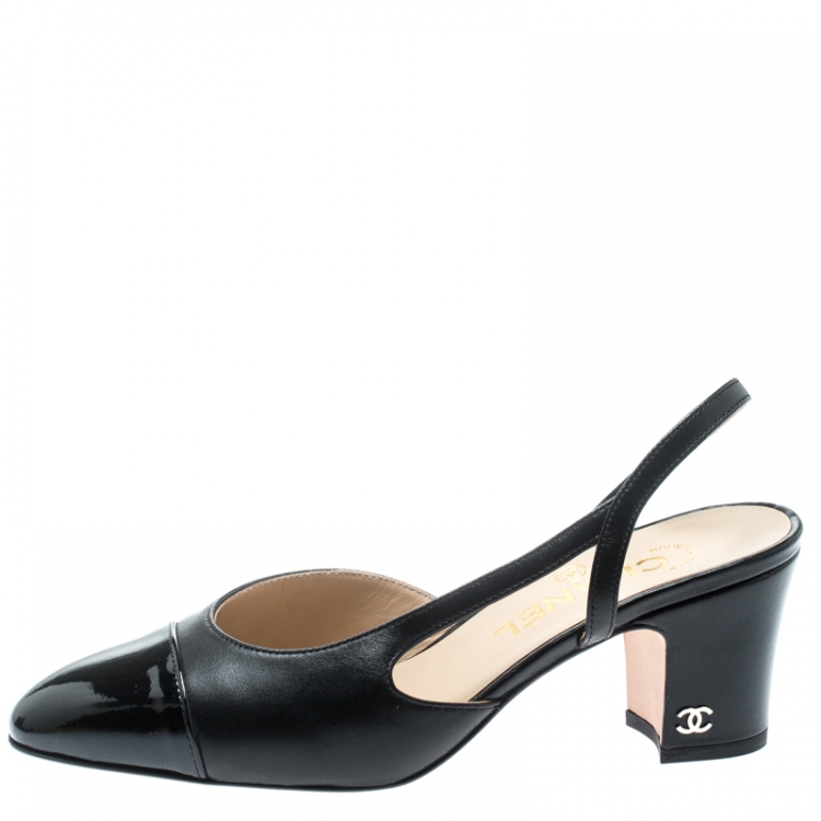 Chanel Black Leather And Patent Leather Cap Toe CC Block Heel Slingback  Sandals Size 36 Chanel