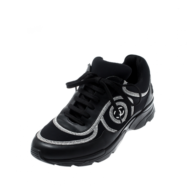 Chanel Black Leather And Fabric Neoprone CC Low Top Sneakers Size 38.5  Chanel | The Luxury Closet
