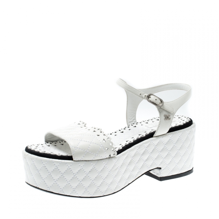 Chanel White Quilted Leather CC Ankle Strap Platform Sandals Size 39 Chanel  | The Luxury Closet