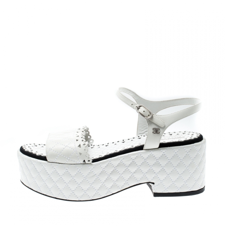 Chanel White Quilted Leather CC Ankle Strap Platform Sandals Size