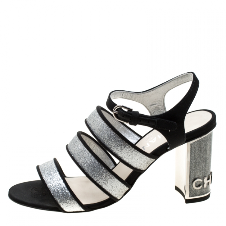 Chanel Metallic Silver Glitter Texture Leather And Fabric CC Block Heel  Strappy Sandals Size 37 Chanel