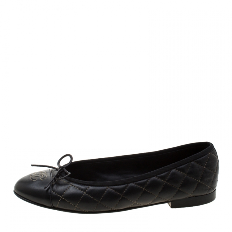 Chanel Black Quilted Leather CC Bow Cap Flats Size 39.5 | TLC