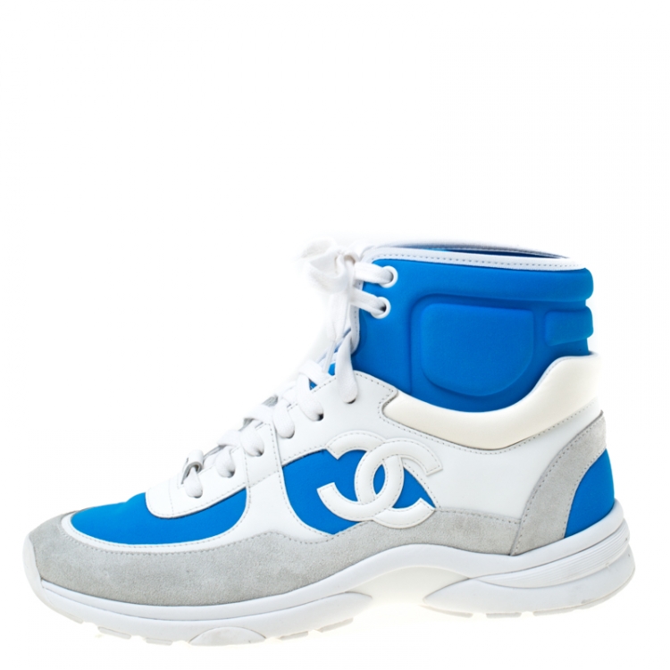 Chanel Blue Stretch Fabric And White Leather High Top Lace Up Sneakers Size  37 Chanel