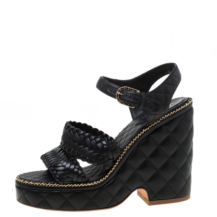 Chanel Black Quilted Leather Wedge Platform Sandals Size 38 Chanel