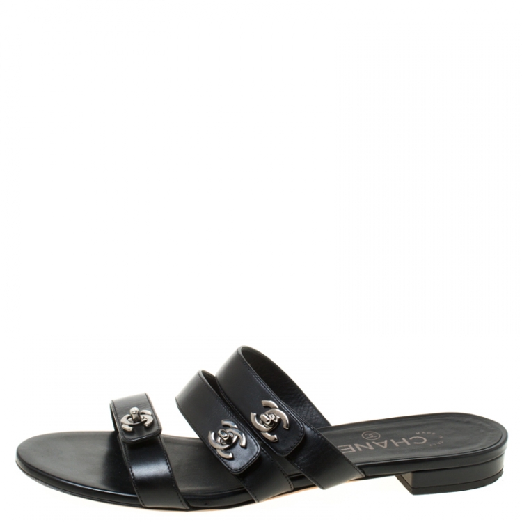 CHANEL, Shoes, Chanel Printed Lambskin Black White Flip Flop
