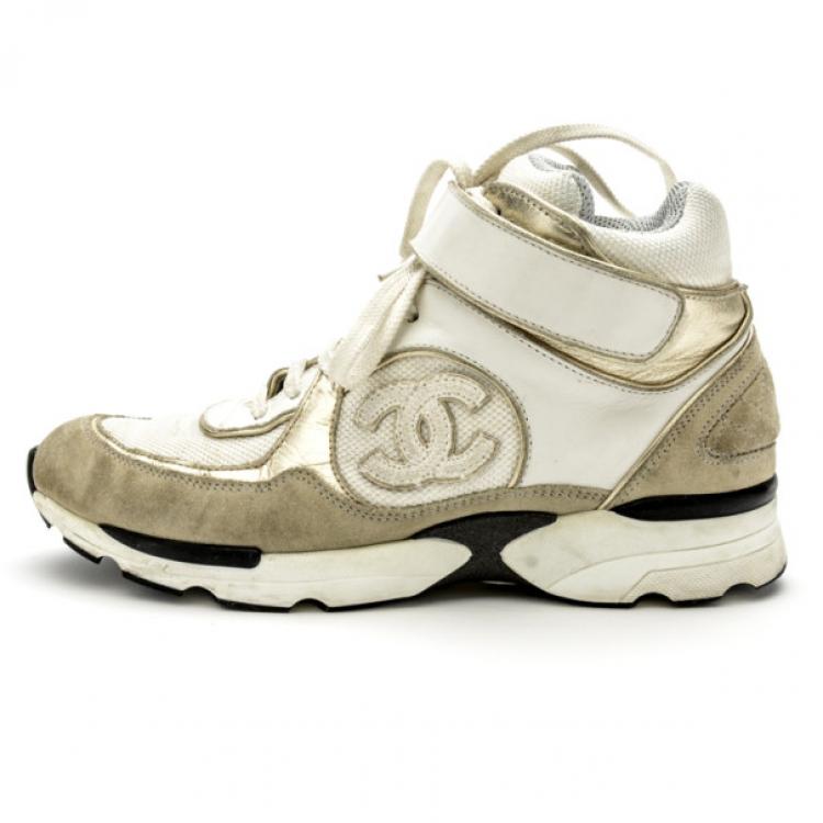 Chanel White & Gold CC High Top Sneakers Size 36.5 Chanel