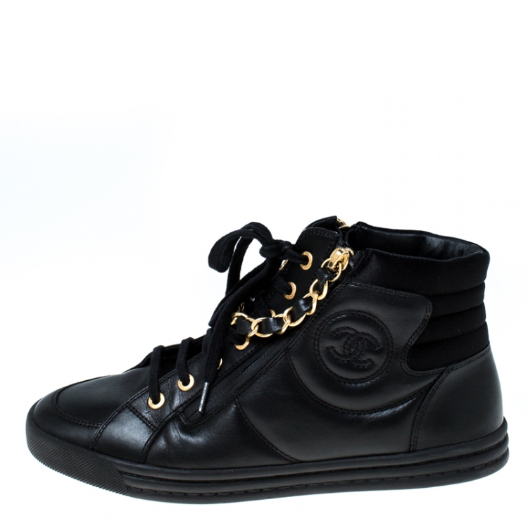 Chanel Black Leather CC Double Zip Accent High Top Sneakers Size