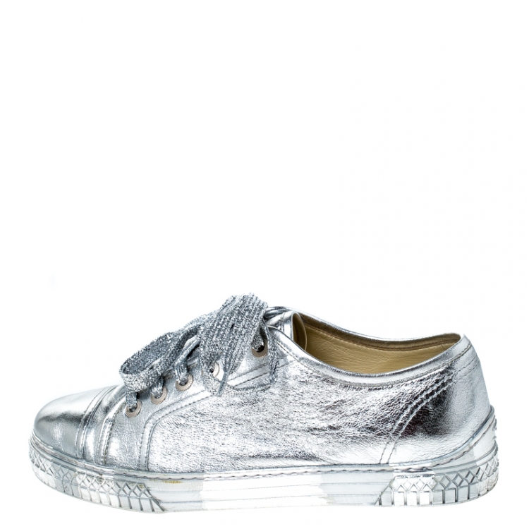 Chanel Metallic Silver Leather Lace Up Sneakers Size 40 Chanel | TLC