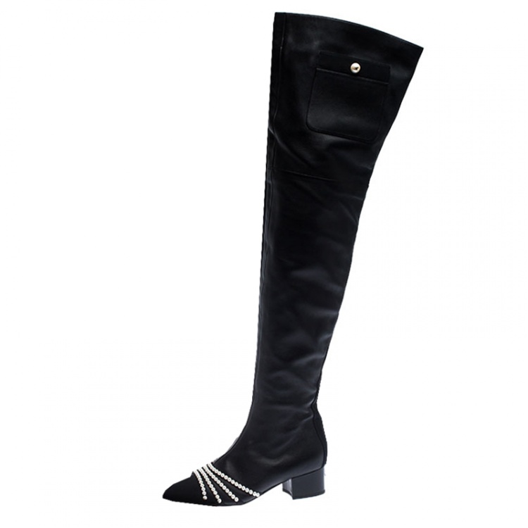 Chanel Black Leather Pearl Thigh High Boots Size 37.5 Chanel