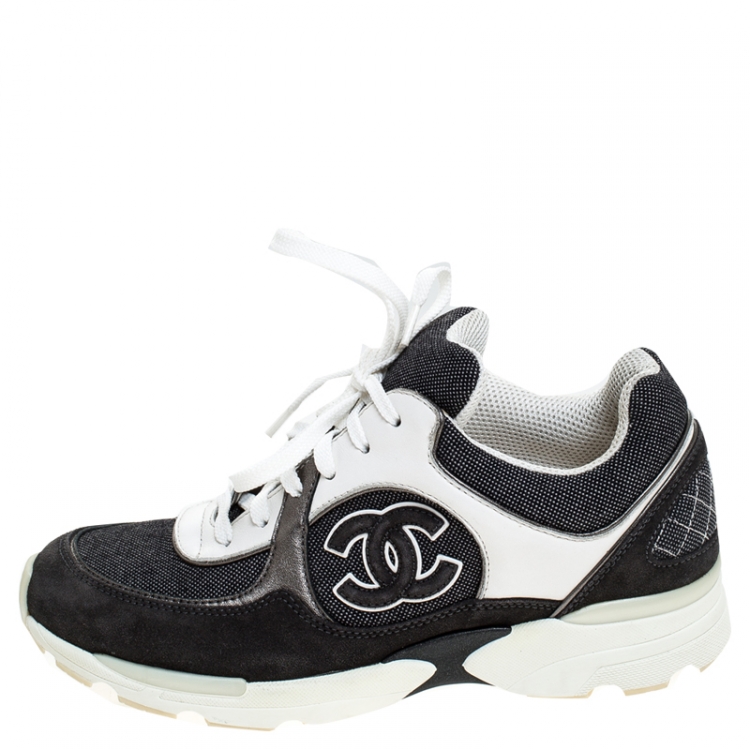 Pre Owned Chanel Blue Leather, Suede and Fabric CC Sneakers Size 36
