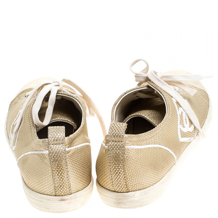 Pre Owned Chanel Gold/Beige Canvas Sneakers Size 40