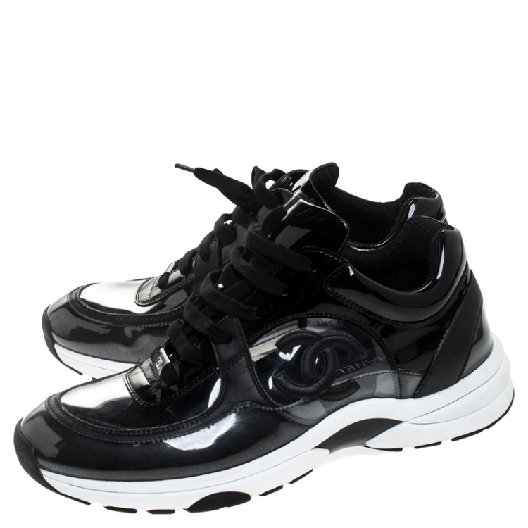 Pre Owned Chanel Black PVC And Patent Leather CC Lace Up Sneakers Size 41