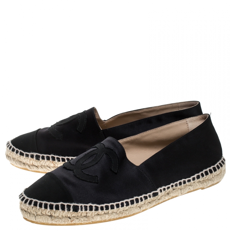 Pre Owned Chanel Black Satin And Canvas CC Espadrilles Loafers Size 40