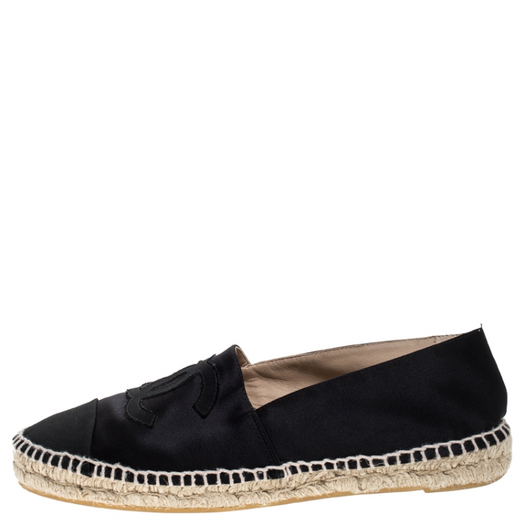 Pre Owned Chanel Black Satin And Canvas CC Espadrilles Loafers Size 40