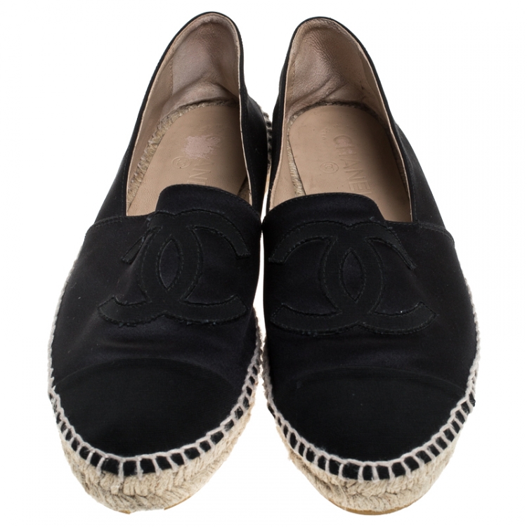 Pre Owned Chanel Black Satin And Canvas CC Espadrilles Loafers Size 40
