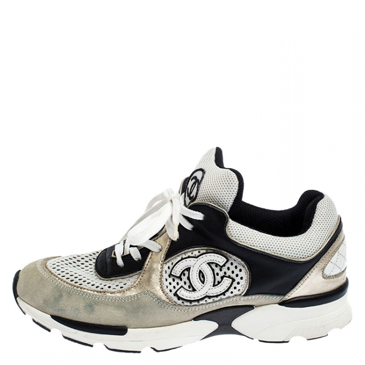 Chanel White/Black Leather and Mesh CC Logo Lace Up Sneakers Size