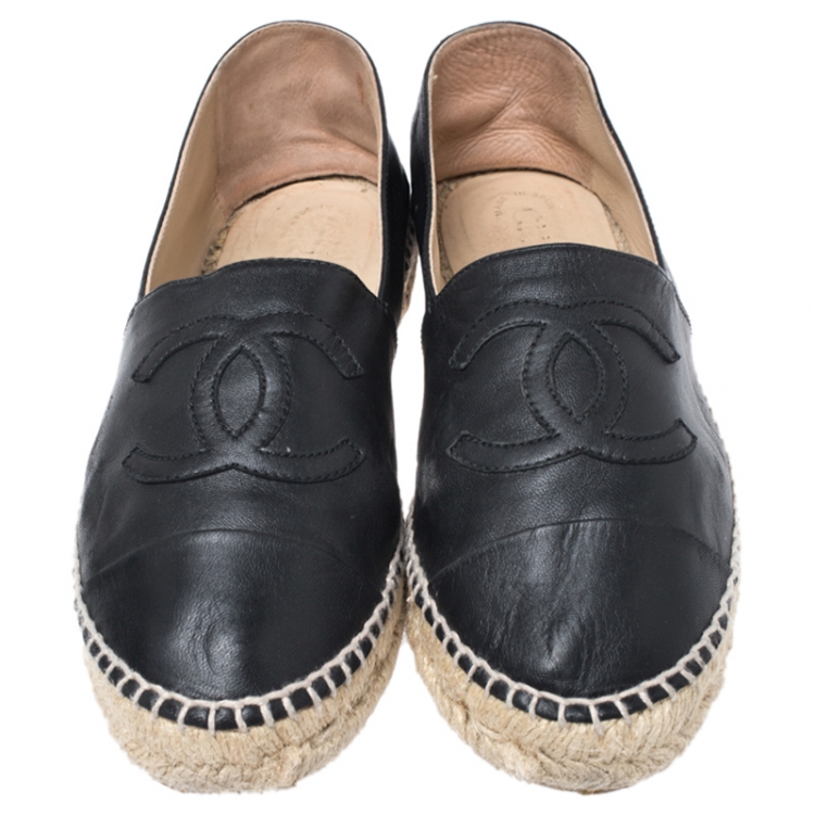 Pre Owned Chanel Black Leather CC Cap Toe Espadrilles Size 40