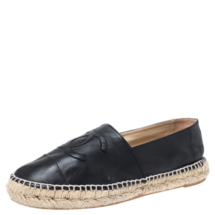 Pre Owned Chanel Black Leather CC Cap Toe Espadrilles Size 40