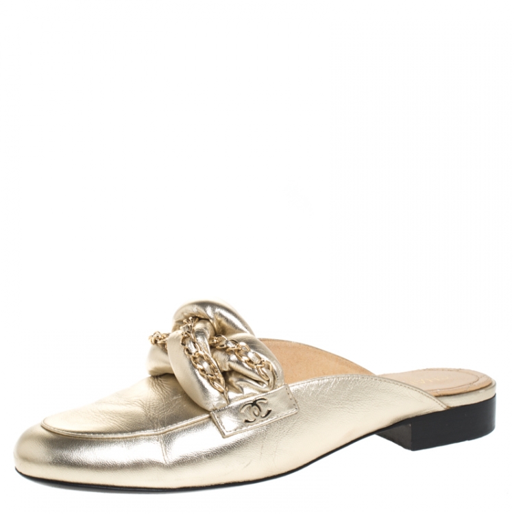 Chanel Metallic Gold Leather Braided Chain Mule Slides Size 39 Chanel ...