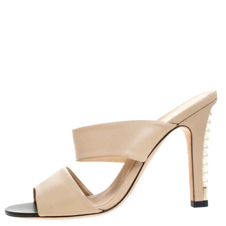 Chanel Beige/Black Leather Open Toe Pearl Embellished Heels Sandals Size  39.5 Chanel