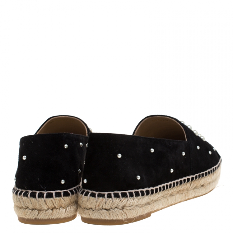 Pre Owned Chanel Black Suede Leather And Faux Pearl CC Espadrille Loafers Size 41