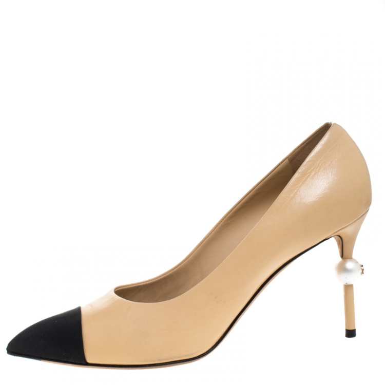 Chanel Beige Leather And Black Fabric Faux Pearl Cap Toe Pointed