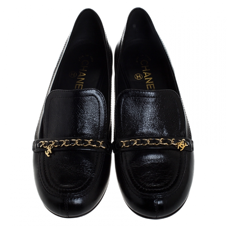 Pre Owned Chanel Black Leather Chain Detail Flat Loafers Size 40