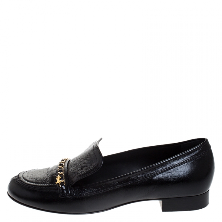 Pre Owned Chanel Black Leather Chain Detail Flat Loafers Size 40