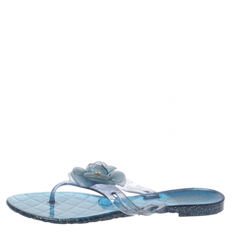 Chanel Blue Glitter Jelly Camellia Thong Flat Sandals Size 39 Chanel