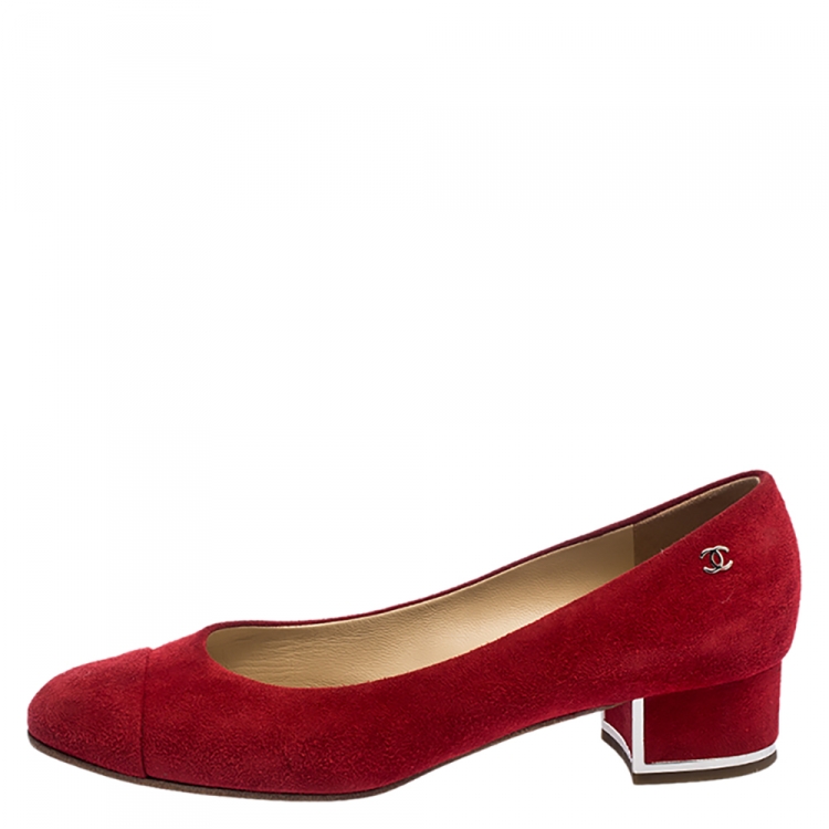 red suede block heel pumps