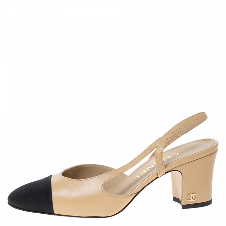 Chanel Beige Leather and Black Fabric Cap Toe Slingback Sandals