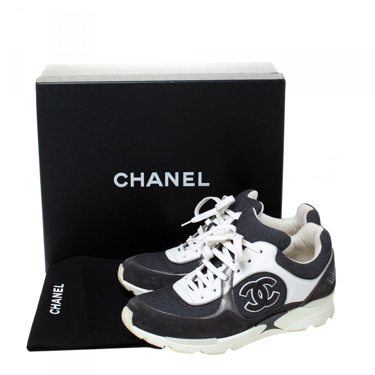 Chanel Monochrome Canvas And Suede Cc Logo Lace Up Sneakers Size 38 5 Chanel Tlc