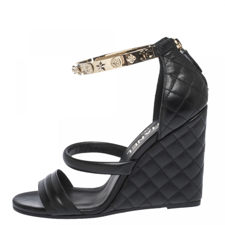 Chanel Black Quilted Leather Logo Wedge Ankle Strap Sandals Size 38