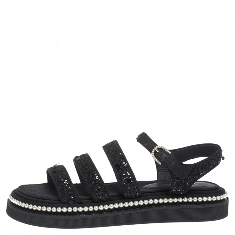 Chanel Black Tweed Sequin And Pearl Embellished Strappy Flat