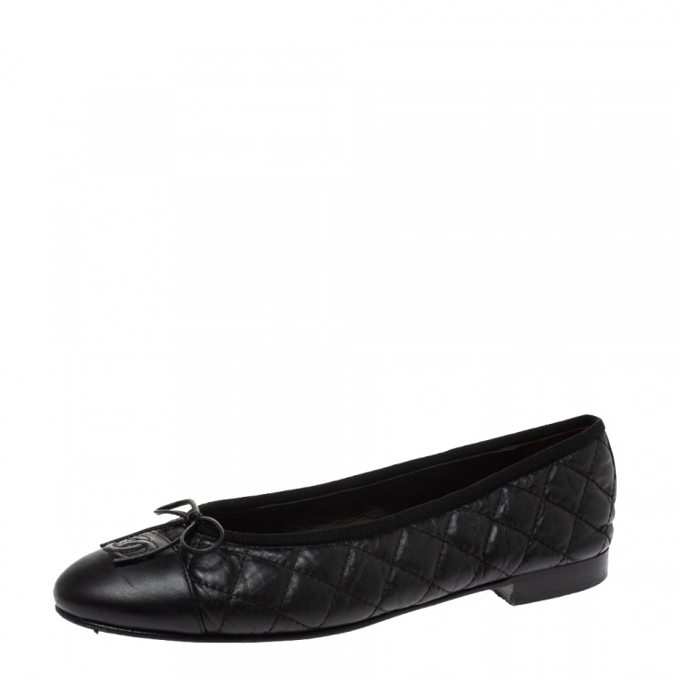 Chanel Black Quilted Leather CC Cap Toe Bow Ballet Flats Size 39
