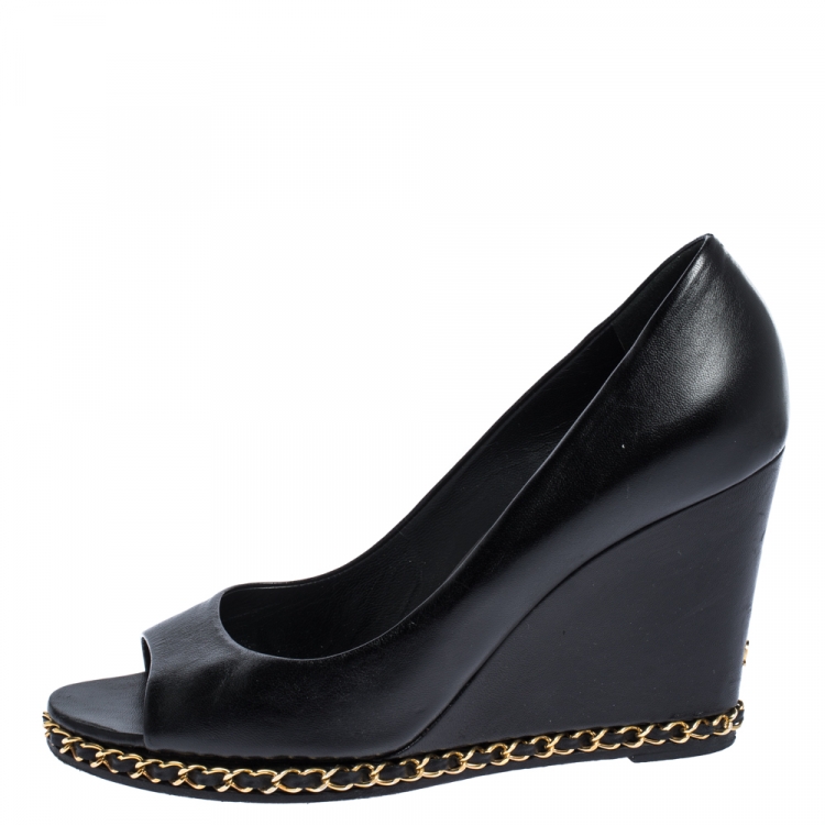 Chanel Black Leather Chain Embellished Open Toe Wedge Pumps Size 39.5 Chanel