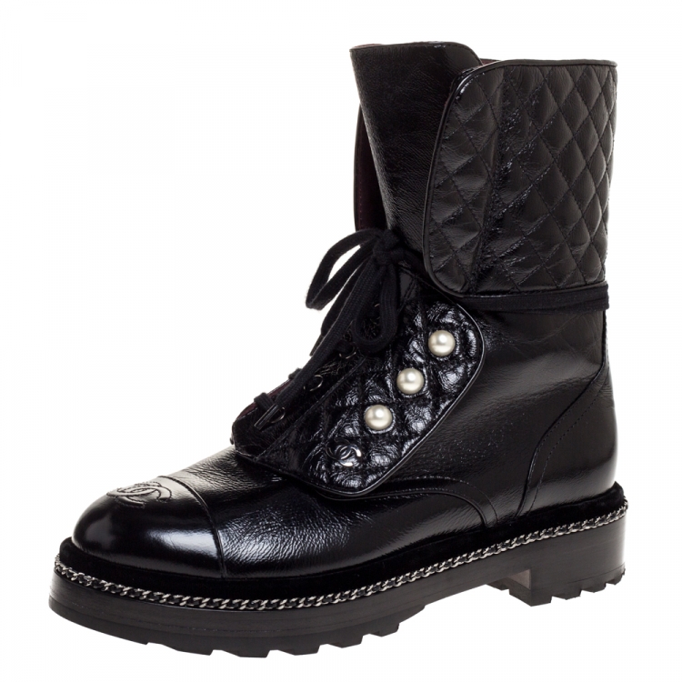 CHANEL Black Leather Combat Boots with Trim and Faux Pearl CC Details 36 US  55  eBay